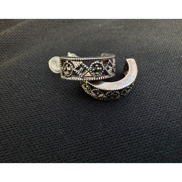 Vintage Sterling Silver Marcasite Half Hoops - Picture 1 of 5